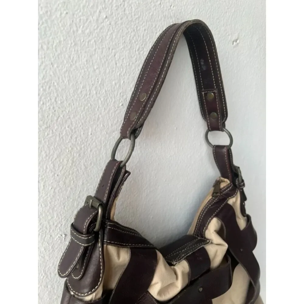 HARA Colombian Genuine Leather Trim Shoulder Bag Beige Brown Equestrian Style